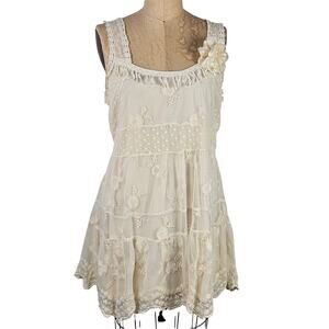 Dress cream tiered lace boho fairy cottage romantic flower pin Med Lrg